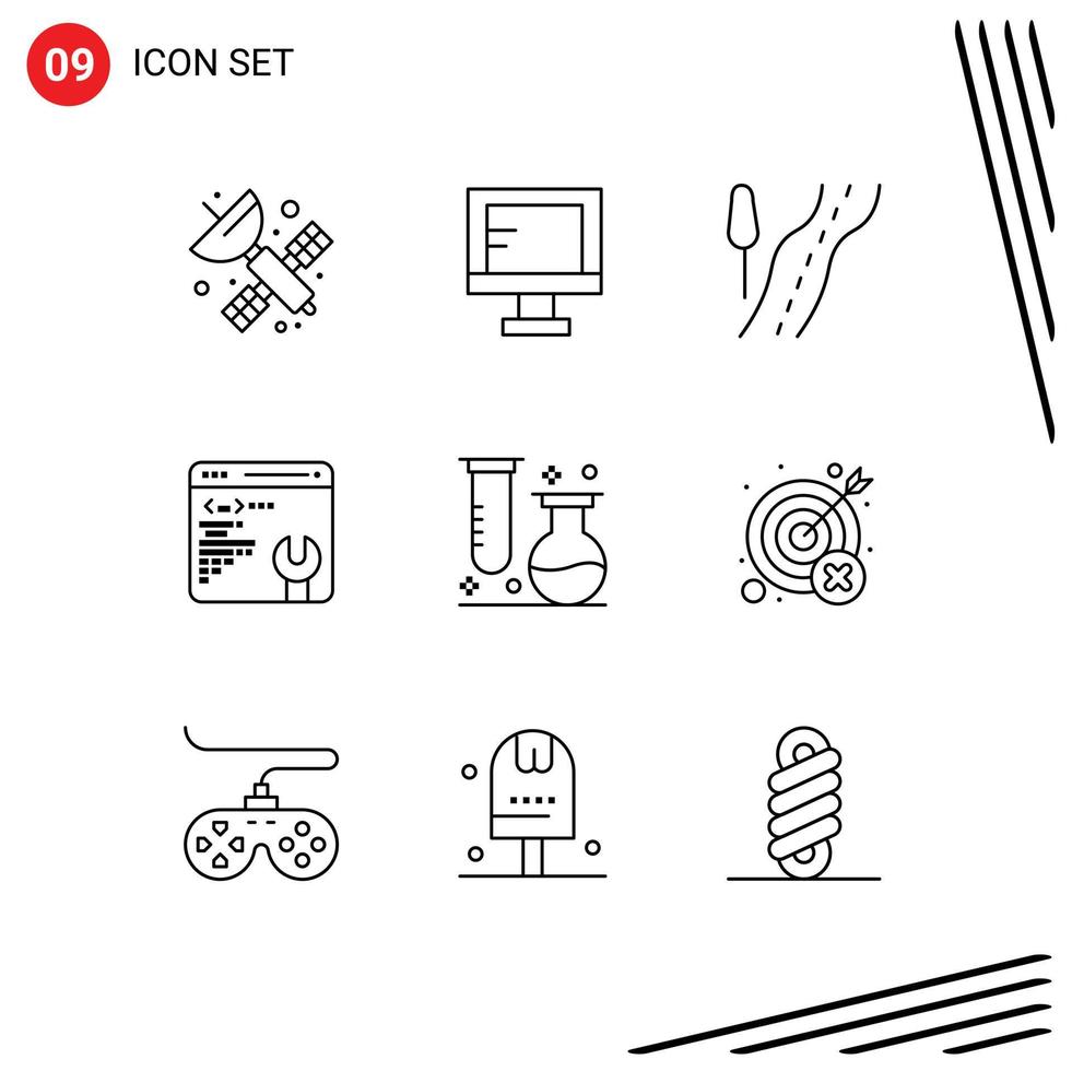 9 Thematic Vector Outlines and Editable Symbols of science flasks road chemistry web page Editable Vector Design Elements