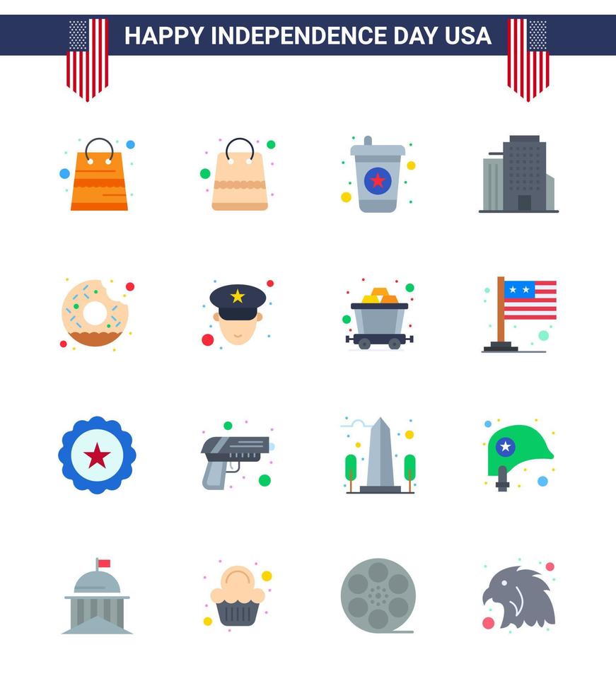 USA Happy Independence DayPictogram Set of 16 Simple Flats of cart officer office man yummy Editable USA Day Vector Design Elements
