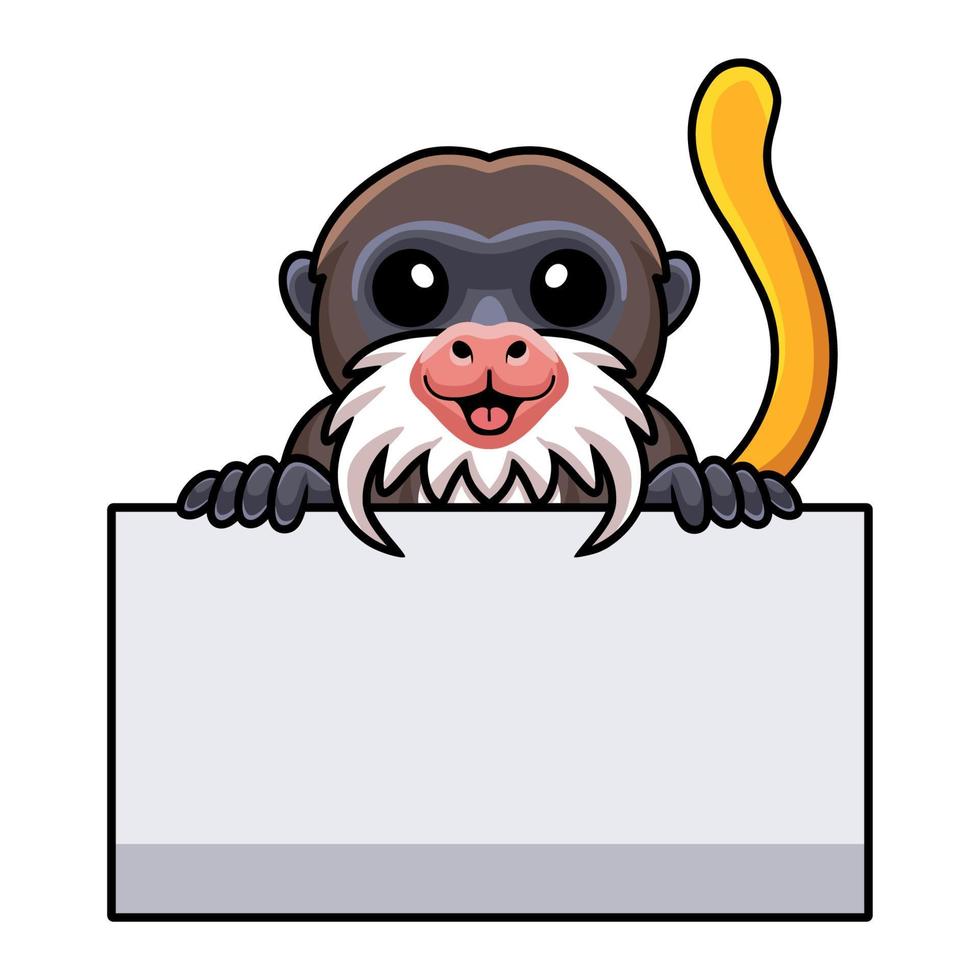 Cute little tamarin mono dibujos animados con signo en blanco vector