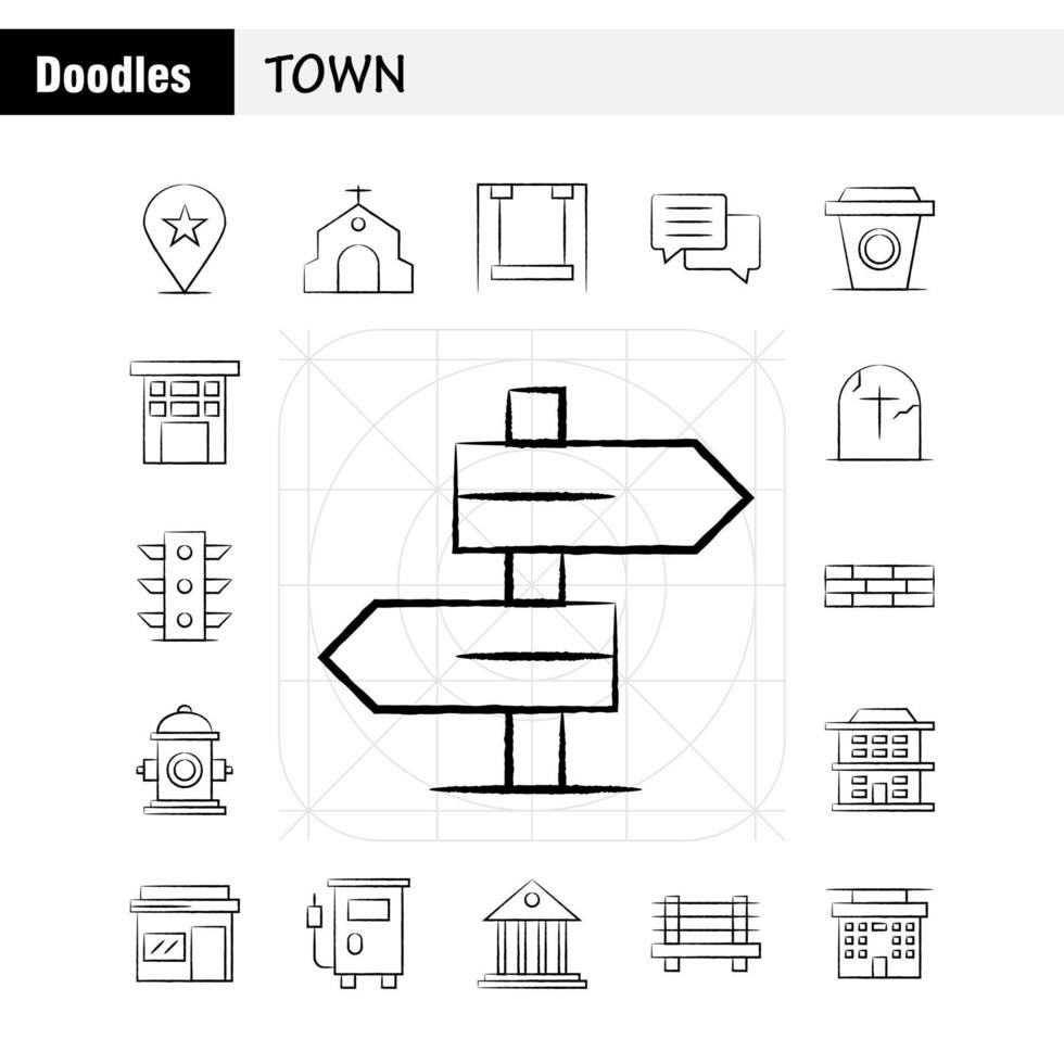 Town Hand Drawn Icons Set For Infographics Mobile UXUI Kit And Print Design Include Location Map Town Church House Town Park Playground Icon Set Vector