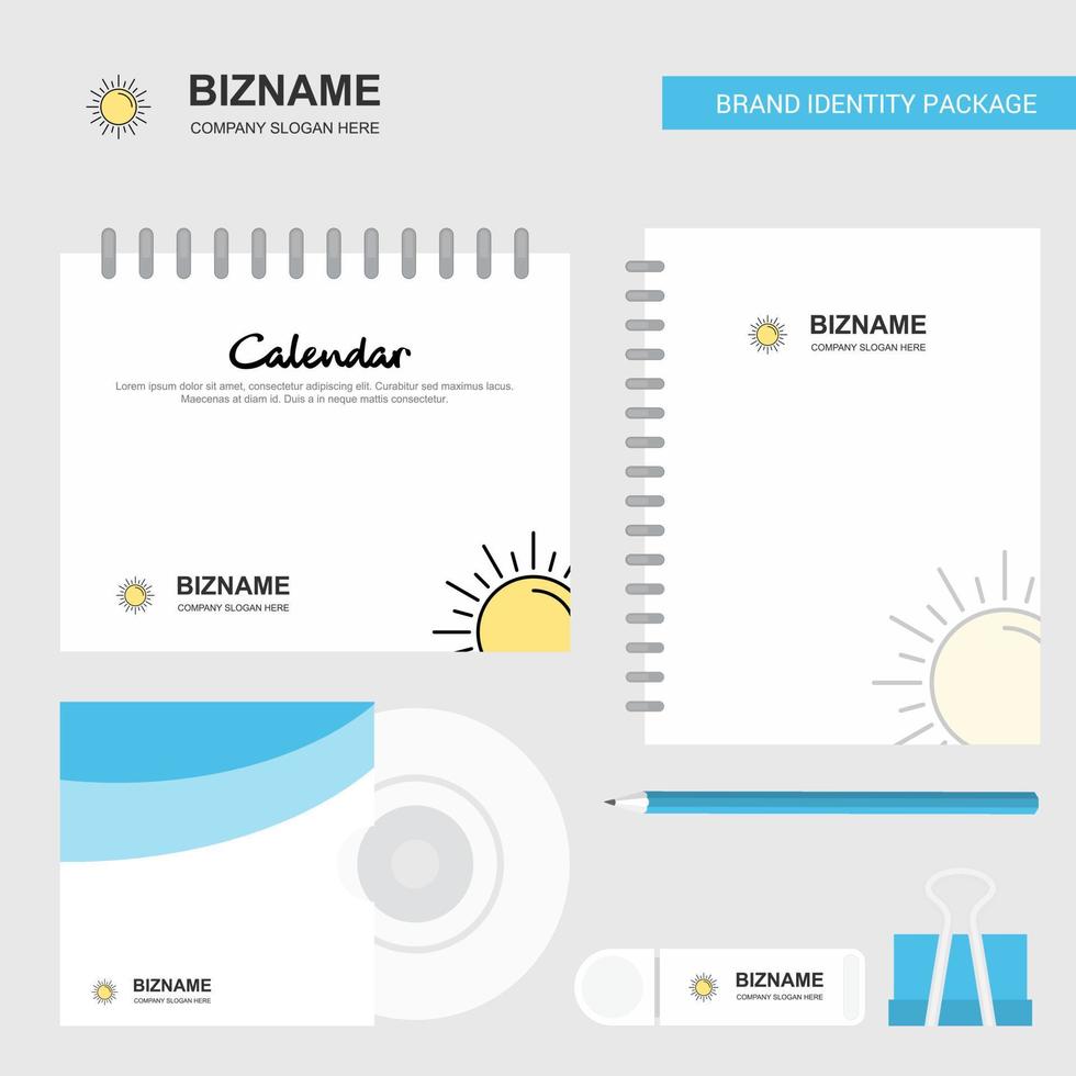 Sun Logo Calendar Template CD Cover Diary and USB Brand Stationary Package Design Vector Template
