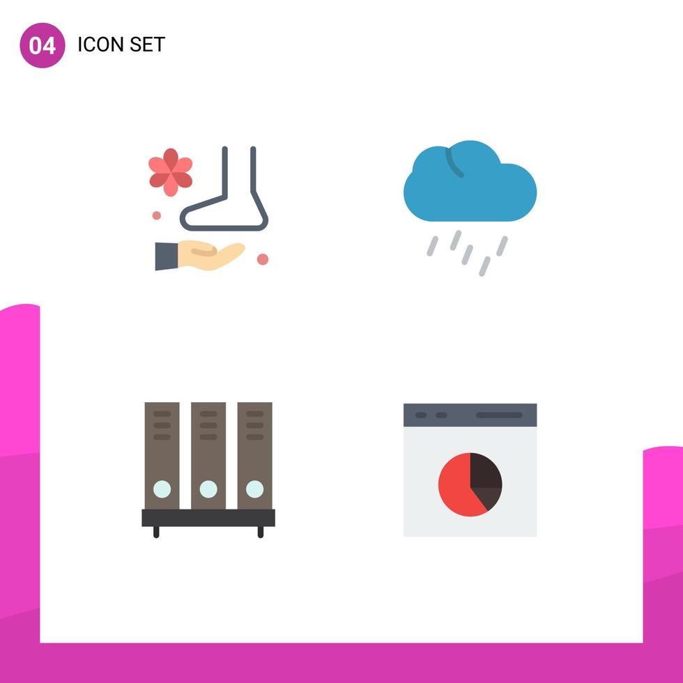 Set of 4 Commercial Flat Icons pack for foot archive spa rain database Editable Vector Design Elements