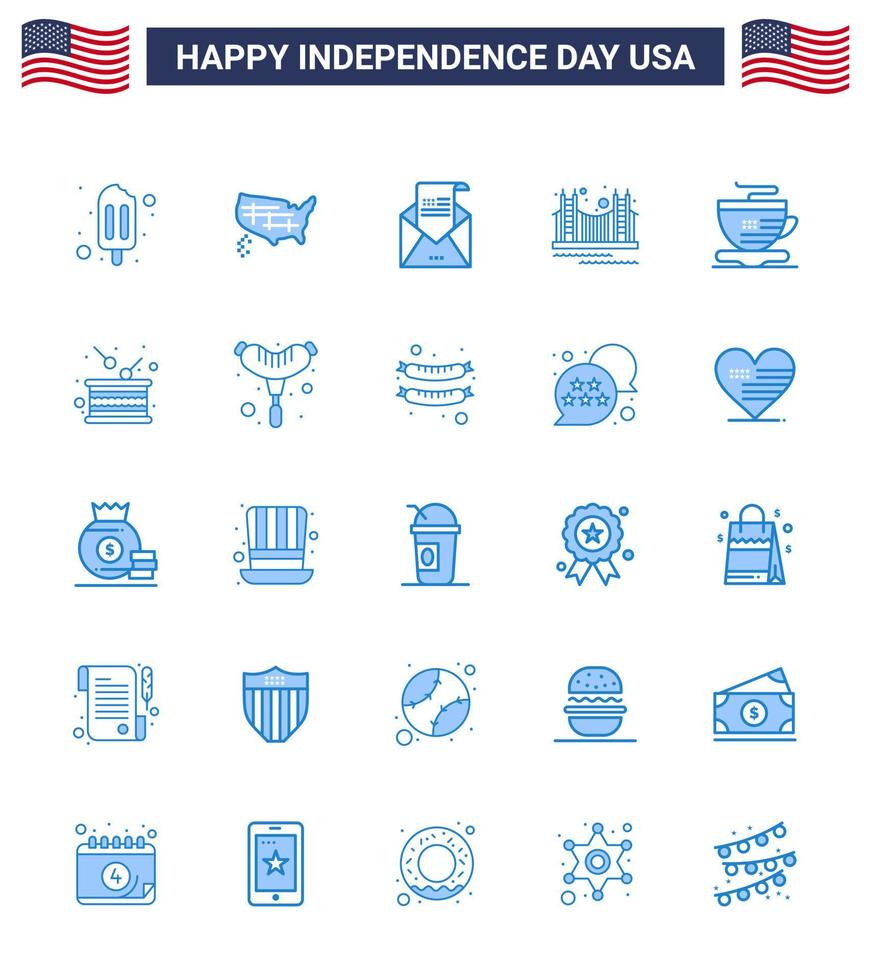 Happy Independence Day 25 Blues Icon Pack for Web and Print usa landmark envelope golden bridge Editable USA Day Vector Design Elements