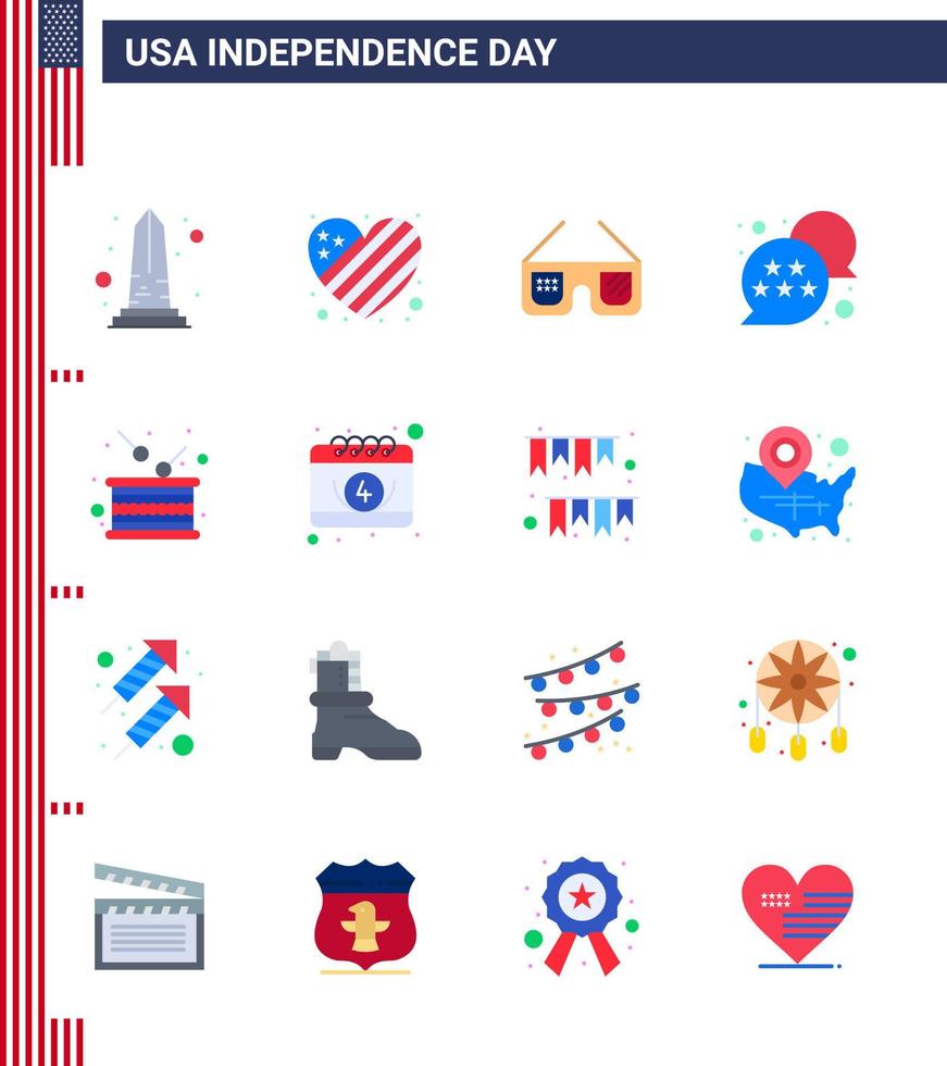 Happy Independence Day Pack of 16 Flats Signs and Symbols for day star love usa usa Editable USA Day Vector Design Elements