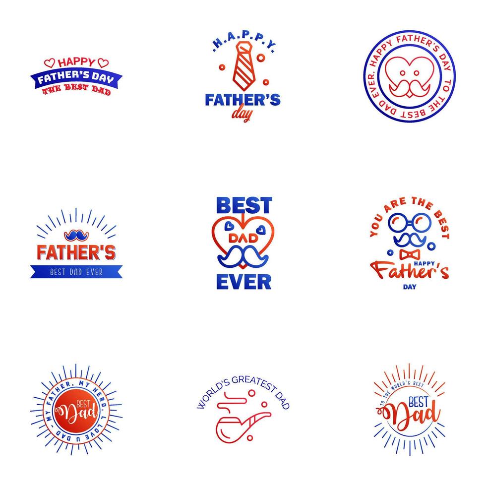 Fathers Day Lettering 9 Blue and red Calligraphic Emblems Badges Set Isolated on Dark Blue Happy Fathers Day Best Dad Love You Dad Inscription Vector Design Elements For Greeting Card and Other