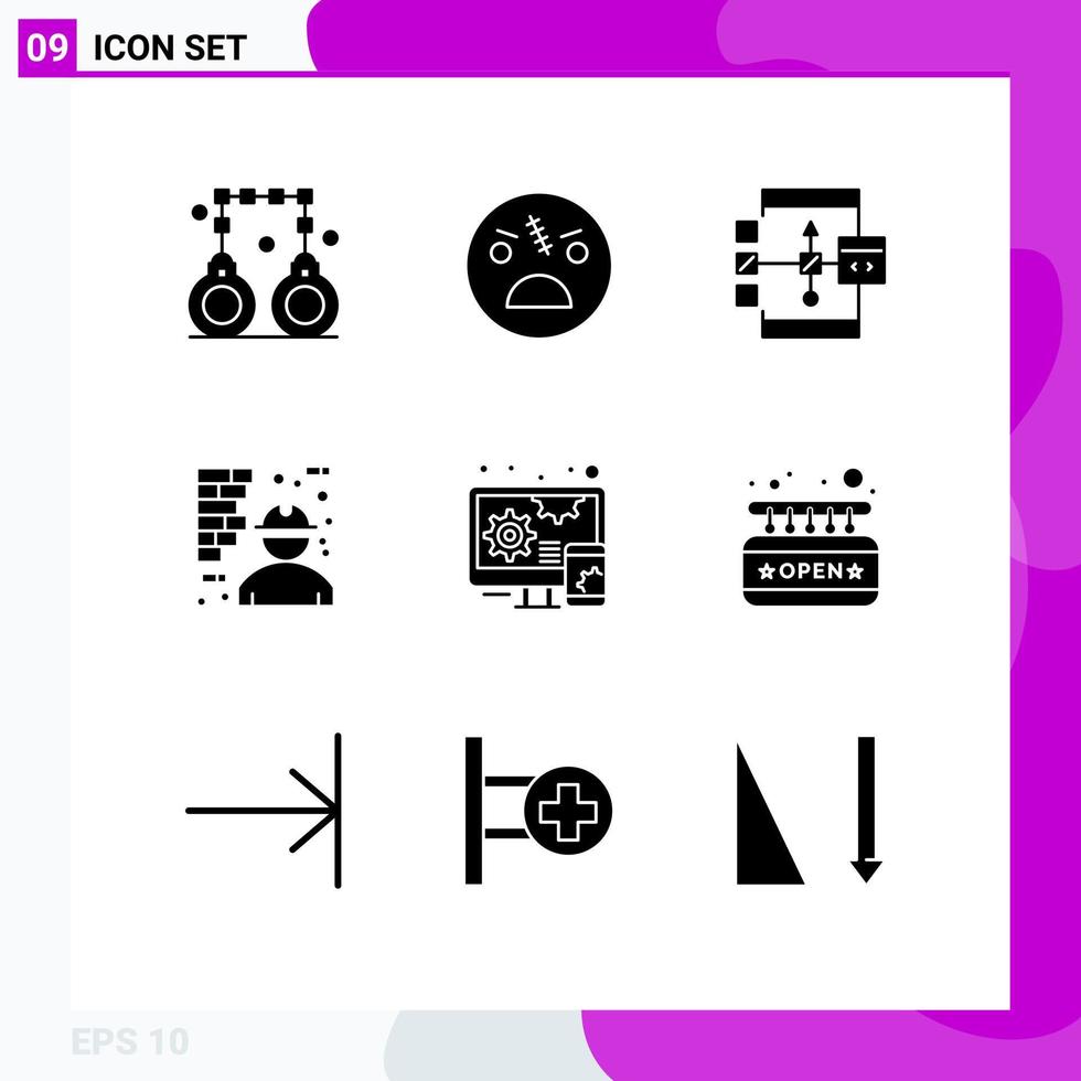 Set of 9 Vector Solid Glyphs on Grid for man construction zombie architecture development Editable Vector Design Elements