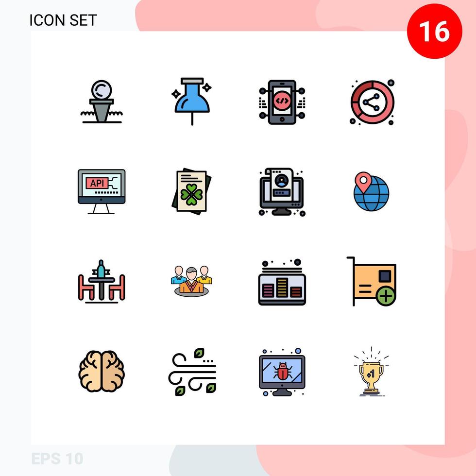 Modern Set of 16 Flat Color Filled Lines Pictograph of computer lead coding data analysis Editable Creative Vector Design Elements