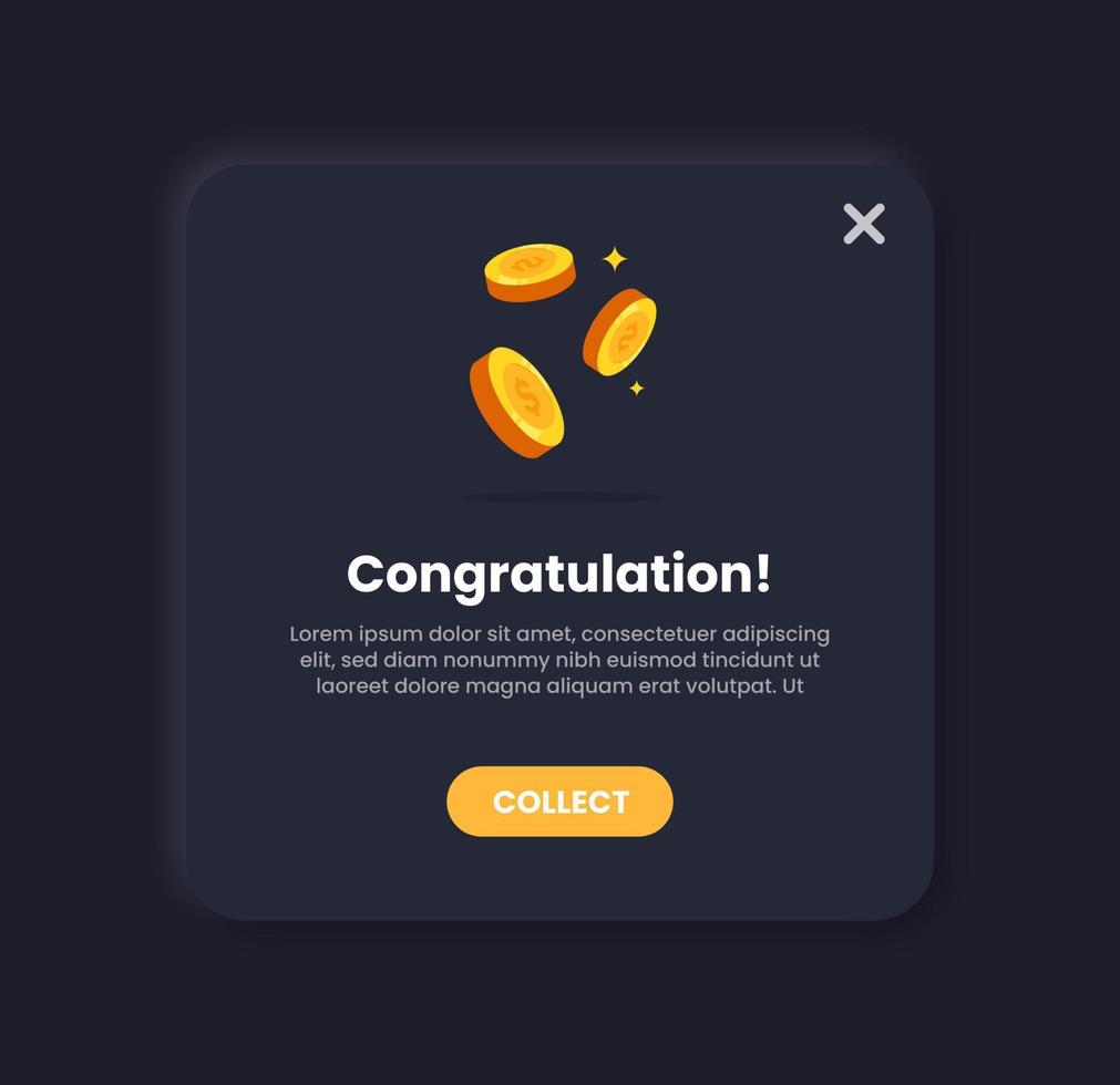 Reward pop up illustration in dark neomorphic design style. User interface element. vector
