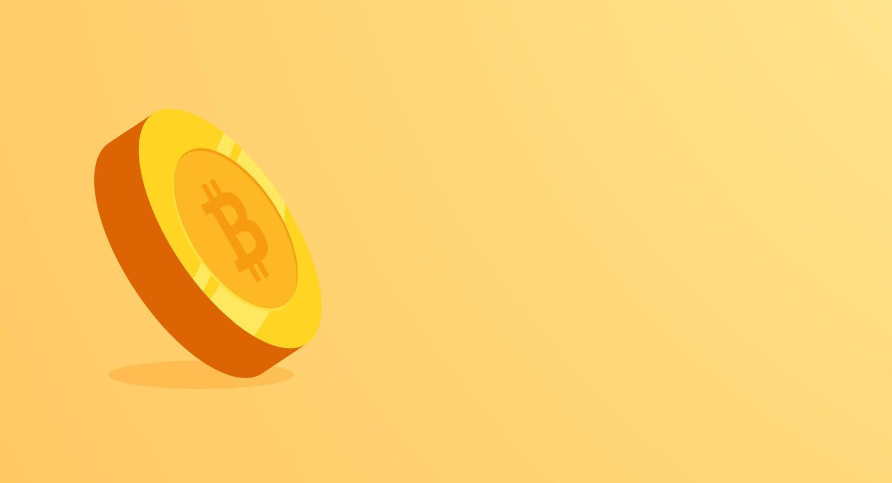 Golden bitcoin banner isolated on yellow background. 3d coin vector illustration.