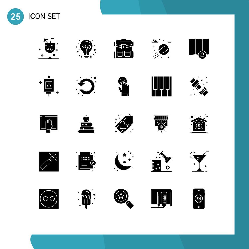 Mobile Interface Solid Glyph Set of 25 Pictograms of location water tips beach ball luggage Editable Vector Design Elements