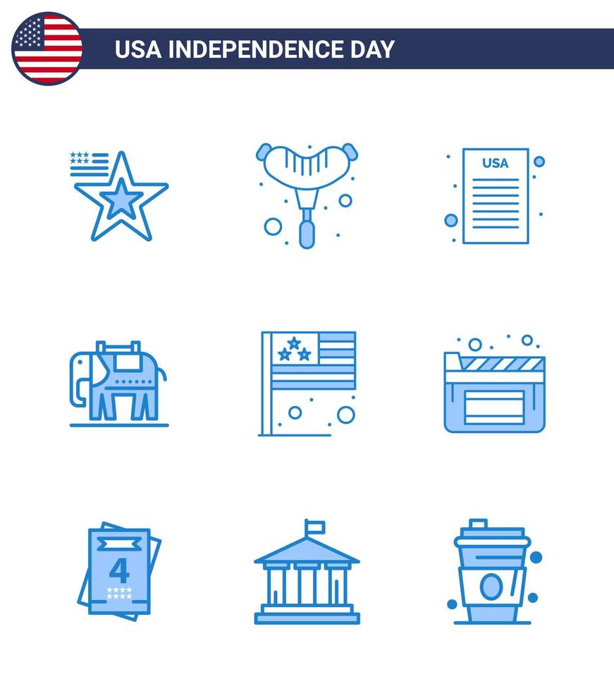 Set of 9 USA Day Icons American Symbols Independence Day Signs for cinema flag declaration of independence country usa Editable USA Day Vector Design Elements