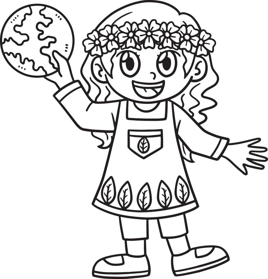 Earth Day Girl In Forest Isolated Coloring Page vector