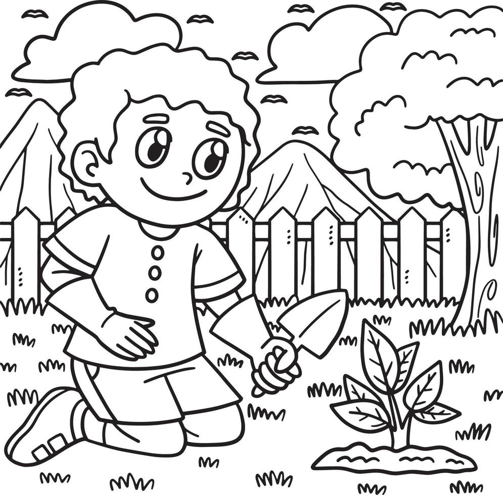 niño del día de la tierra plantando página para colorear para niños vector