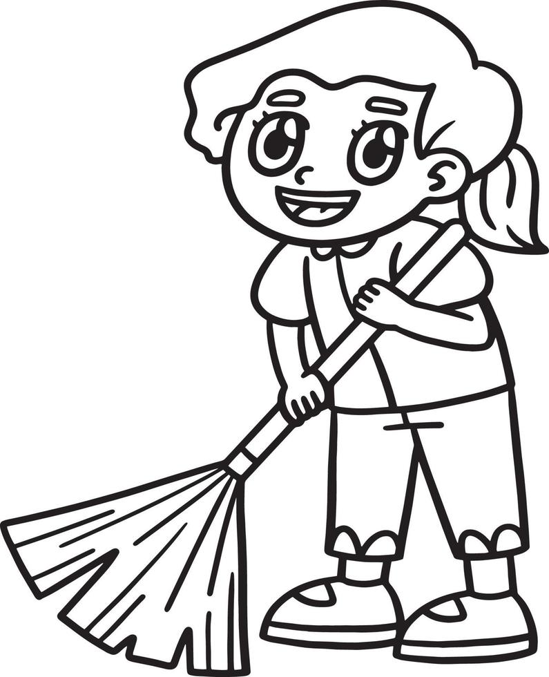 Earth Day Girl Sweeping Isolated Coloring Page vector