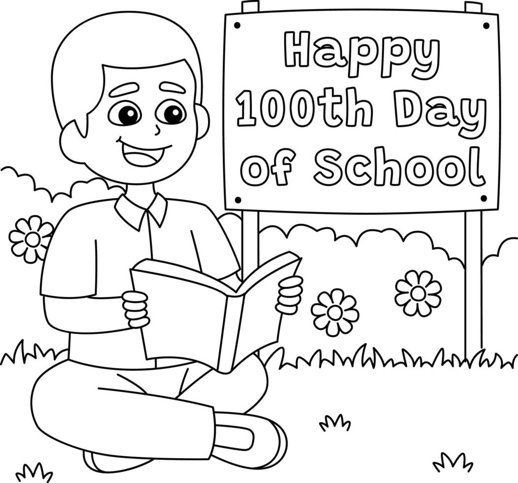 100º día de escuela estudiante leyendo libro para colorear vector