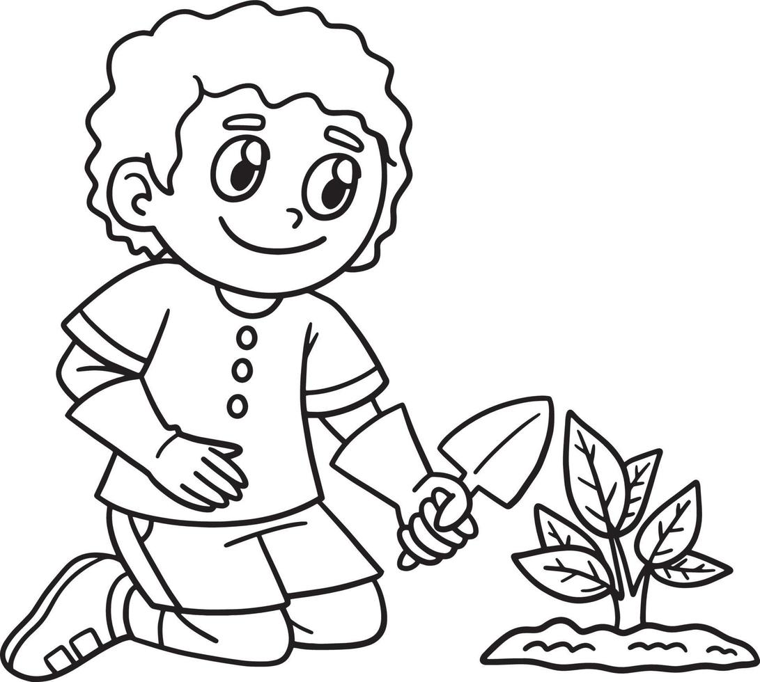 Earth Day Boy Planting Isolated Coloring Page vector