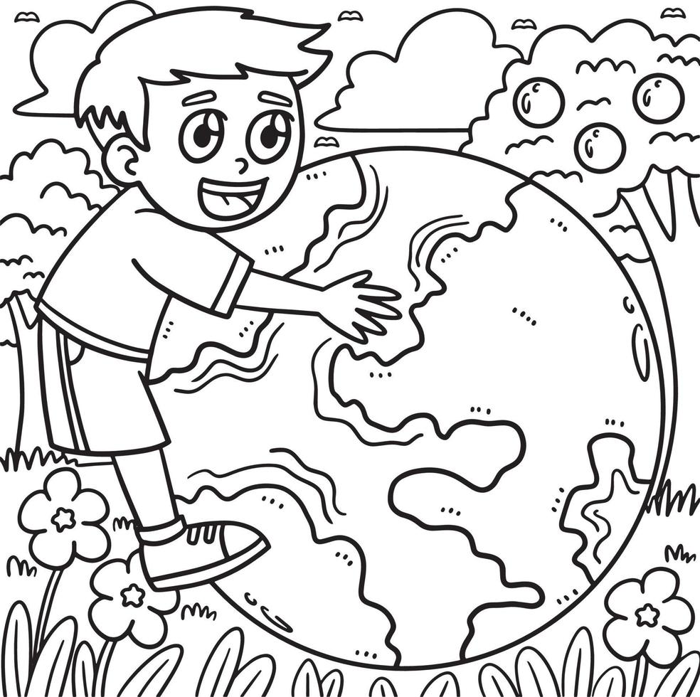 Earth Day Child Embracing Earth Coloring Page vector