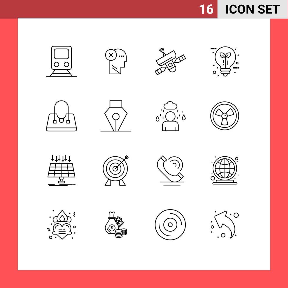 Pack of 16 Modern Outlines Signs and Symbols for Web Print Media such as bulb space human radar satellite Editable Vector Design Elements