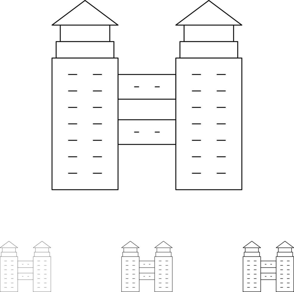 edificio ciudad construcción audaz y delgada línea negra conjunto de iconos vector