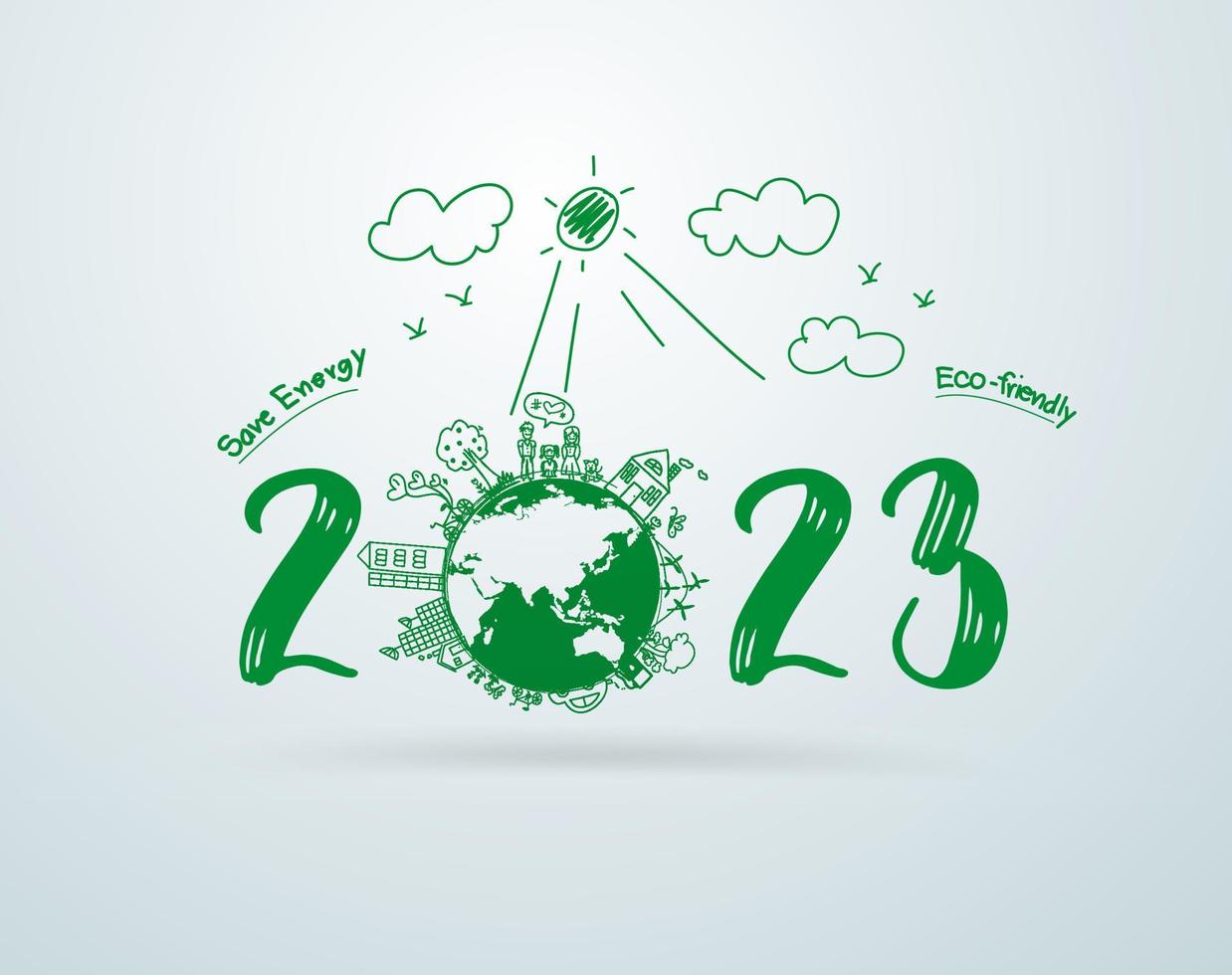 2023 new year creative drawing happy family environmental eco-friendly ideas concept, Vector illustration layout template design