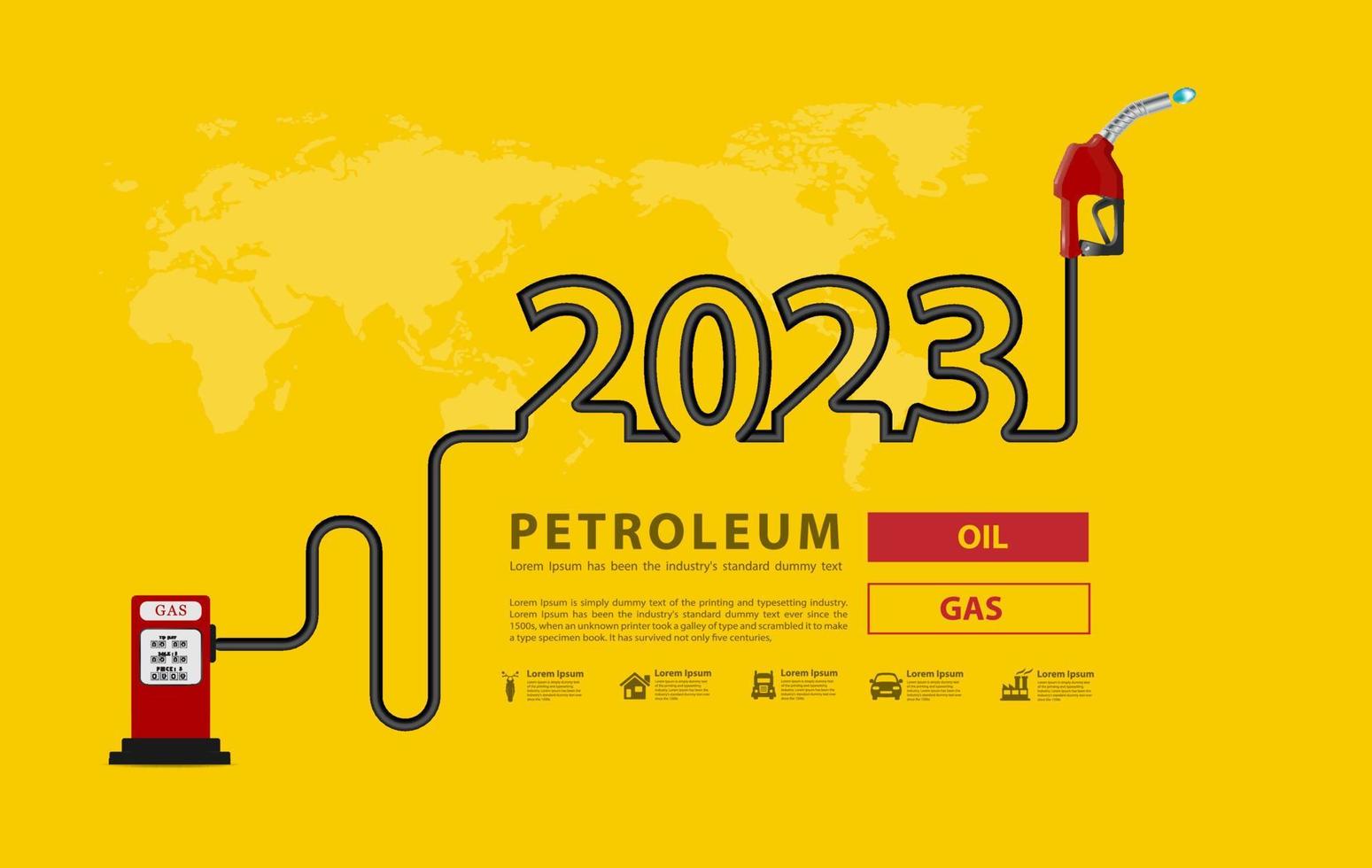 Concepto de petróleo de año nuevo 2023 con diseño creativo de boquilla de bomba de gasolina, letrero de estación de gasolina con energía eléctrica de petróleo y gas, plantilla de diseño moderno de ilustración vectorial vector