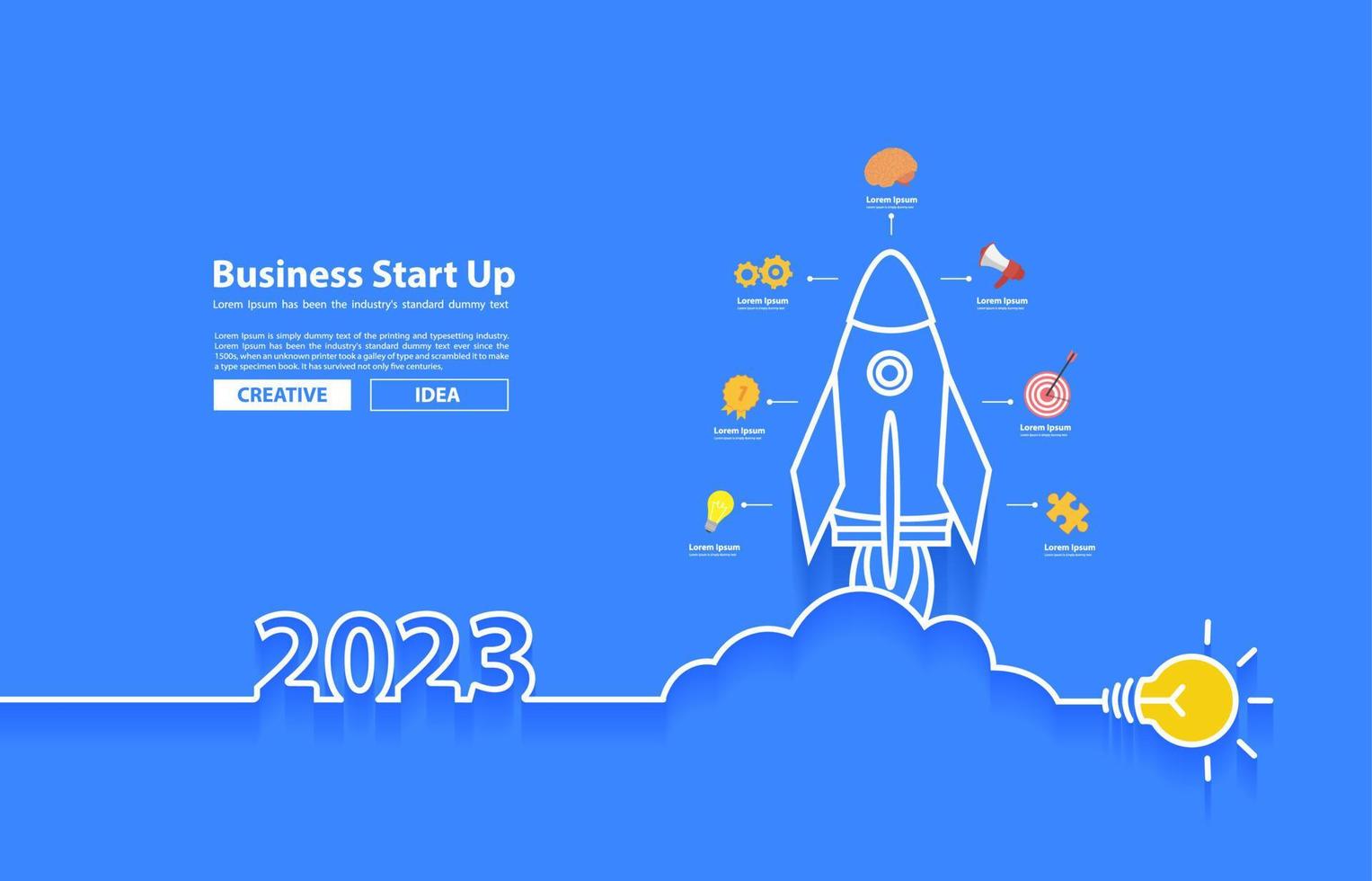 Startup business 2023 new year rocket launch with creative light bulb ideas concept design, Vector illustration flat modern layout template