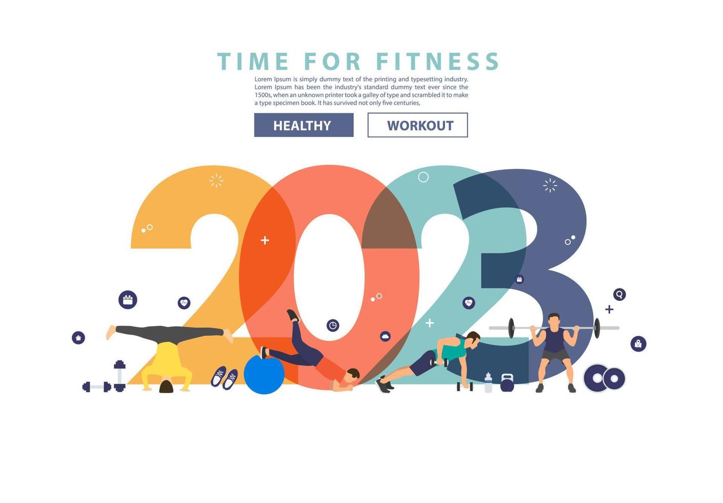 2023 new year fitness ideas concept man workout gym equipment with flat big letters. Vector illustration modern layout template design