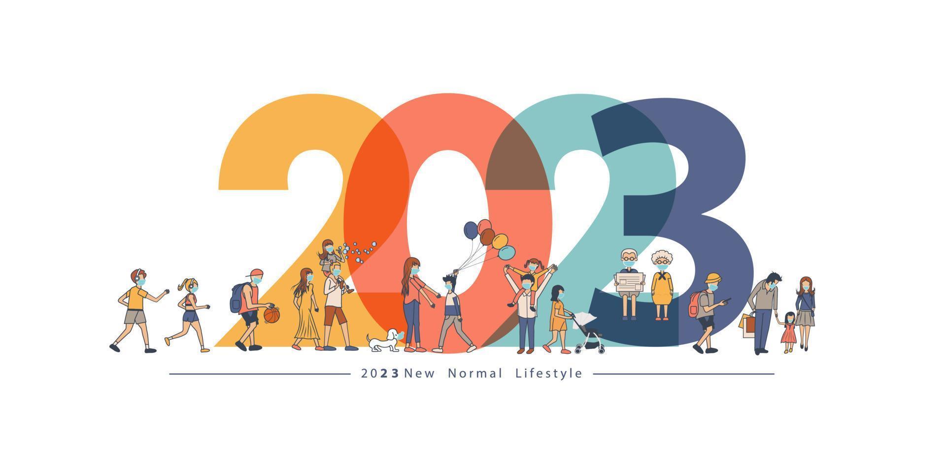 2021 New year with New normal lifestyle ideas concept. People wearing mask in flat big letters design. Vector illustration modern layout template