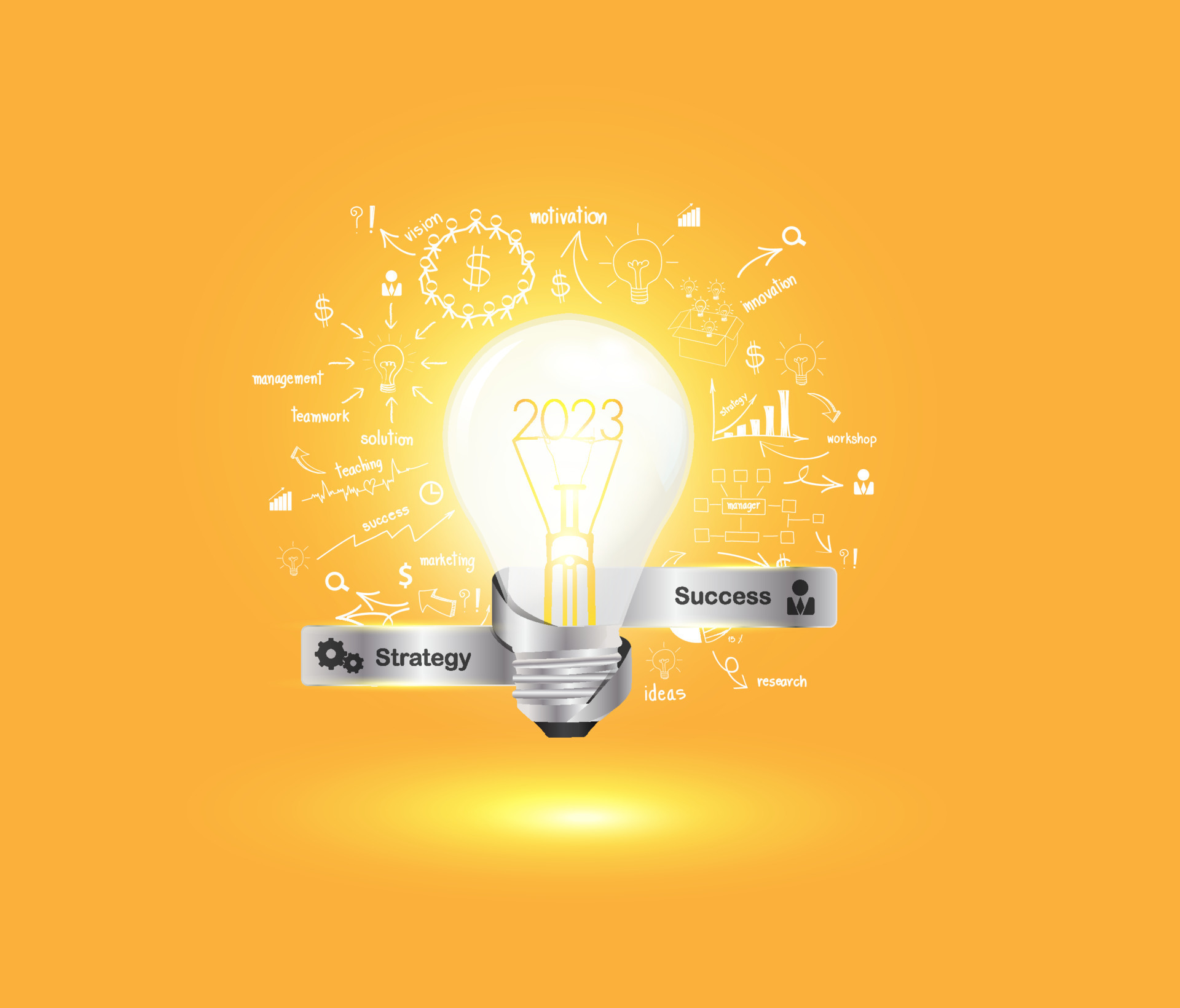 Creative light bulb idea 2023 new year with creative thinking drawing