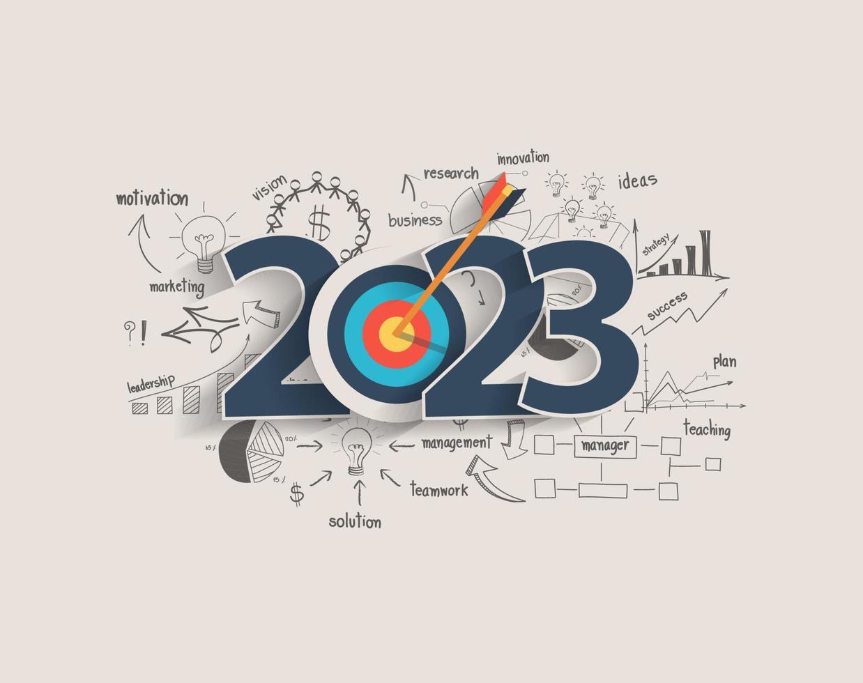 2023 new year target audience concept, Creative thinking drawing charts and graphs business success strategy plan idea on target dart with arrow, Vector illustration modern layout template