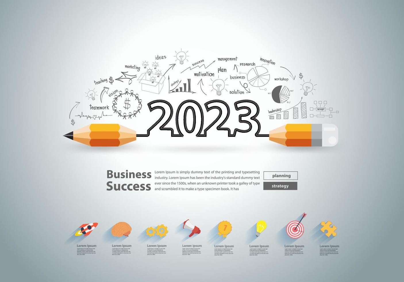 2023 año nuevo con diseño de lápiz creativo en el dibujo de gráficos gráficos concepto de ideas de plan de estrategia de éxito empresarial, ilustración vectorial diseño de plantilla de diseño moderno vector