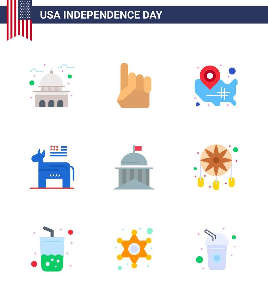 Set of 9 Modern Flats pack on USA Independence Day symbol american american donkey wisconsin Editable USA Day Vector Design Elements