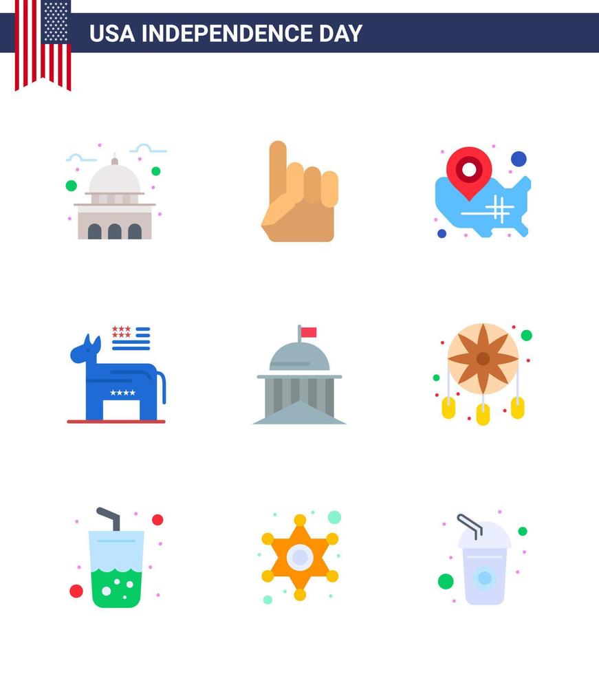 conjunto de 9 paquetes de pisos modernos en el símbolo del día de la independencia de estados unidos burro americano americano wisconsin elementos de diseño vectorial editables del día de estados unidos vector