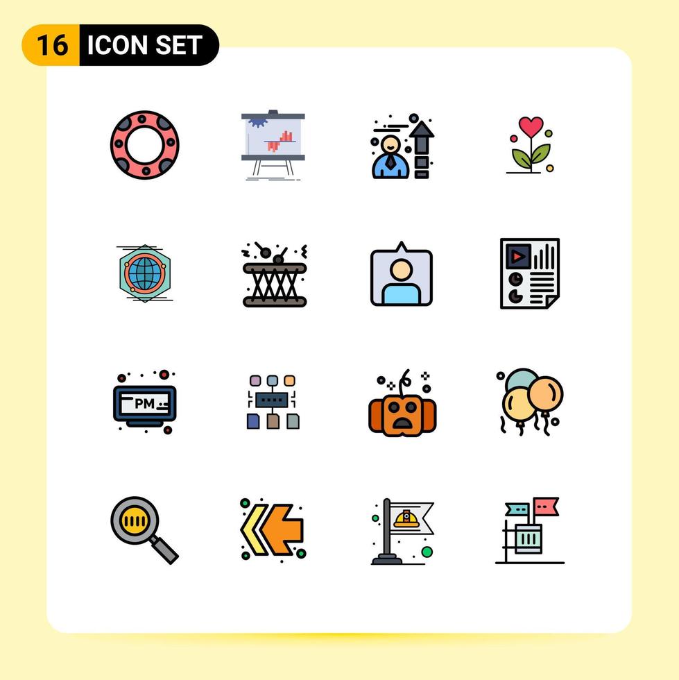 símbolos de iconos universales grupo de 16 líneas llenas de colores planos modernos de eficiencia de globo espacial flor de corazón elementos de diseño de vectores creativos editables