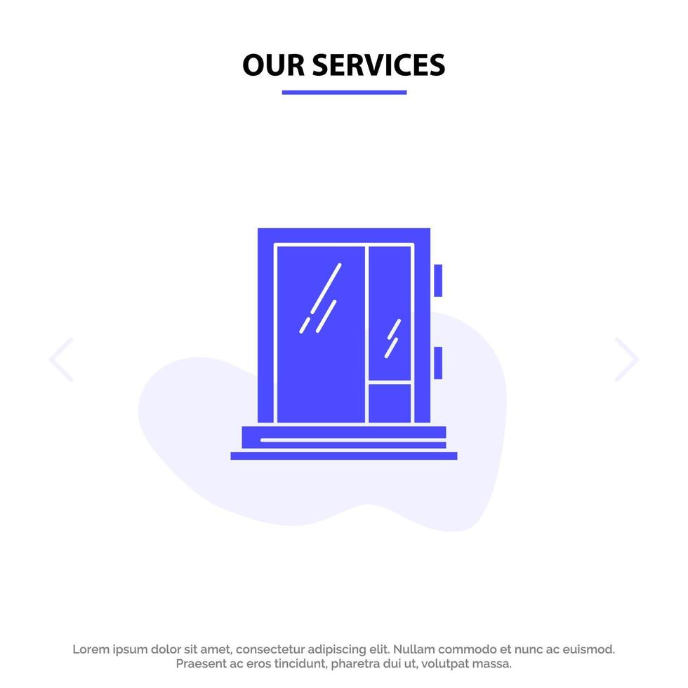 Our Services Door Window Building Construction Repair Solid Glyph Icon Web card Template vector