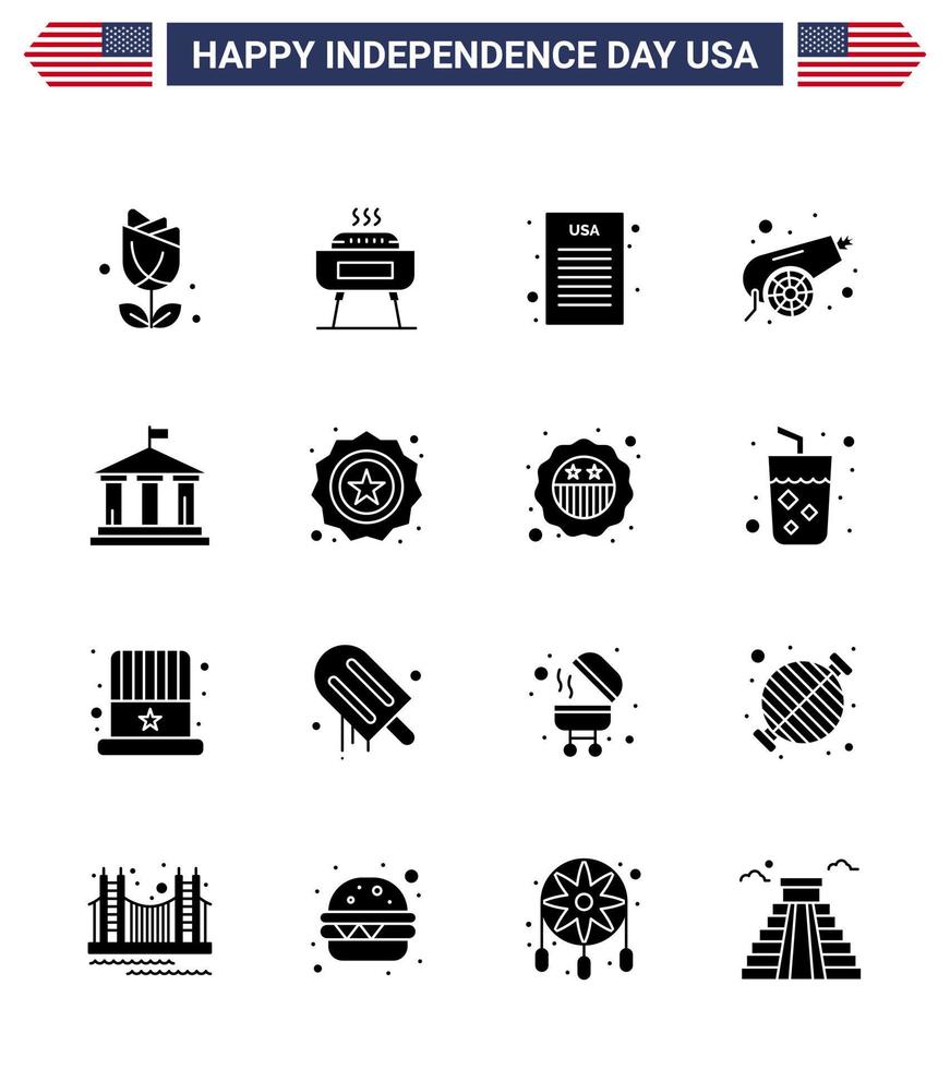 Set of 16 Vector Solid Glyphs on 4th July USA Independence Day such as american bank declaration weapon canon Editable USA Day Vector Design Elements
