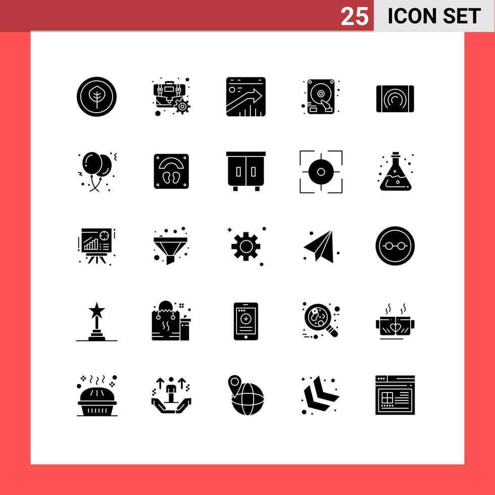 Pack of 25 creative Solid Glyphs of touch interaction browser hard disk disk Editable Vector Design Elements