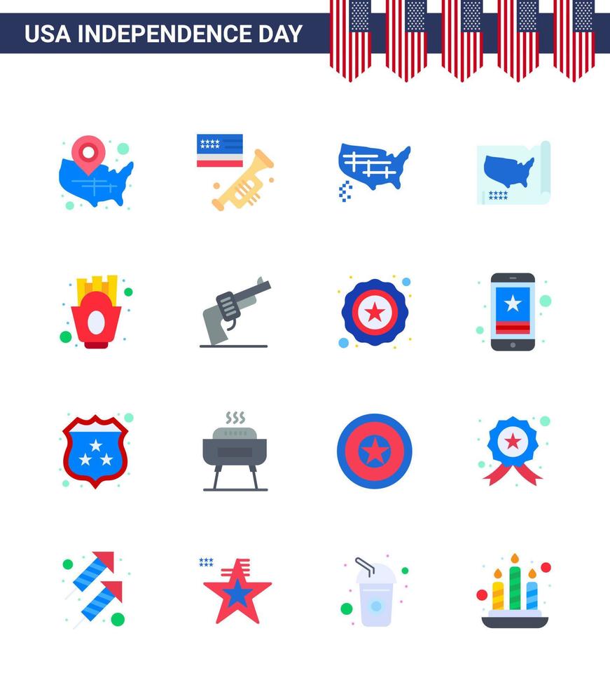 Set of 16 USA Day Icons American Symbols Independence Day Signs for gun fries american french fries usa Editable USA Day Vector Design Elements