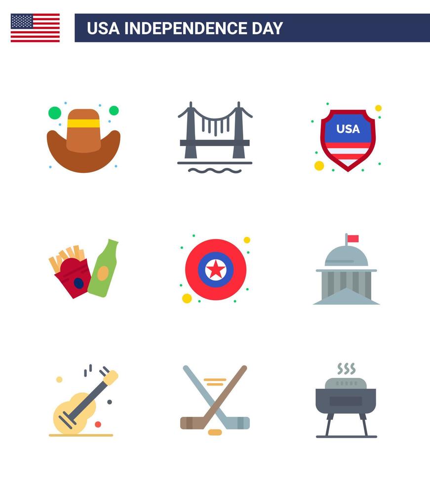 Modern Set of 9 Flats and symbols on USA Independence Day such as city military shield badge frise Editable USA Day Vector Design Elements