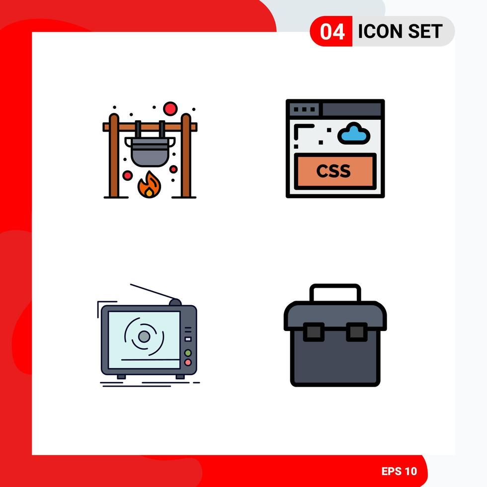 4 iconos creativos, signos y símbolos modernos de hoguera y hoja de cocina, televisión, elementos de diseño vectorial editables vector