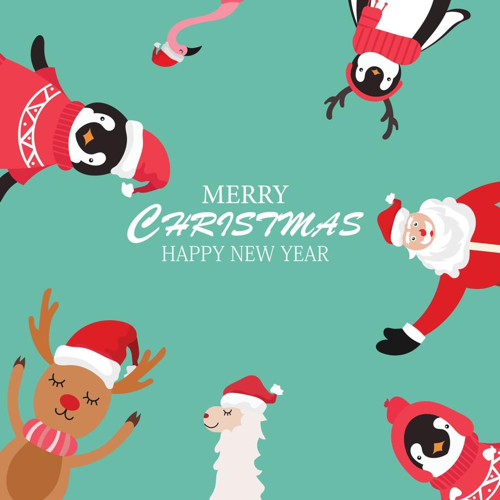 Merry Christmas and happy new year with cute Santa Claus snowman. and , reindeer ,llama ,penguin cartoon character vector. vector