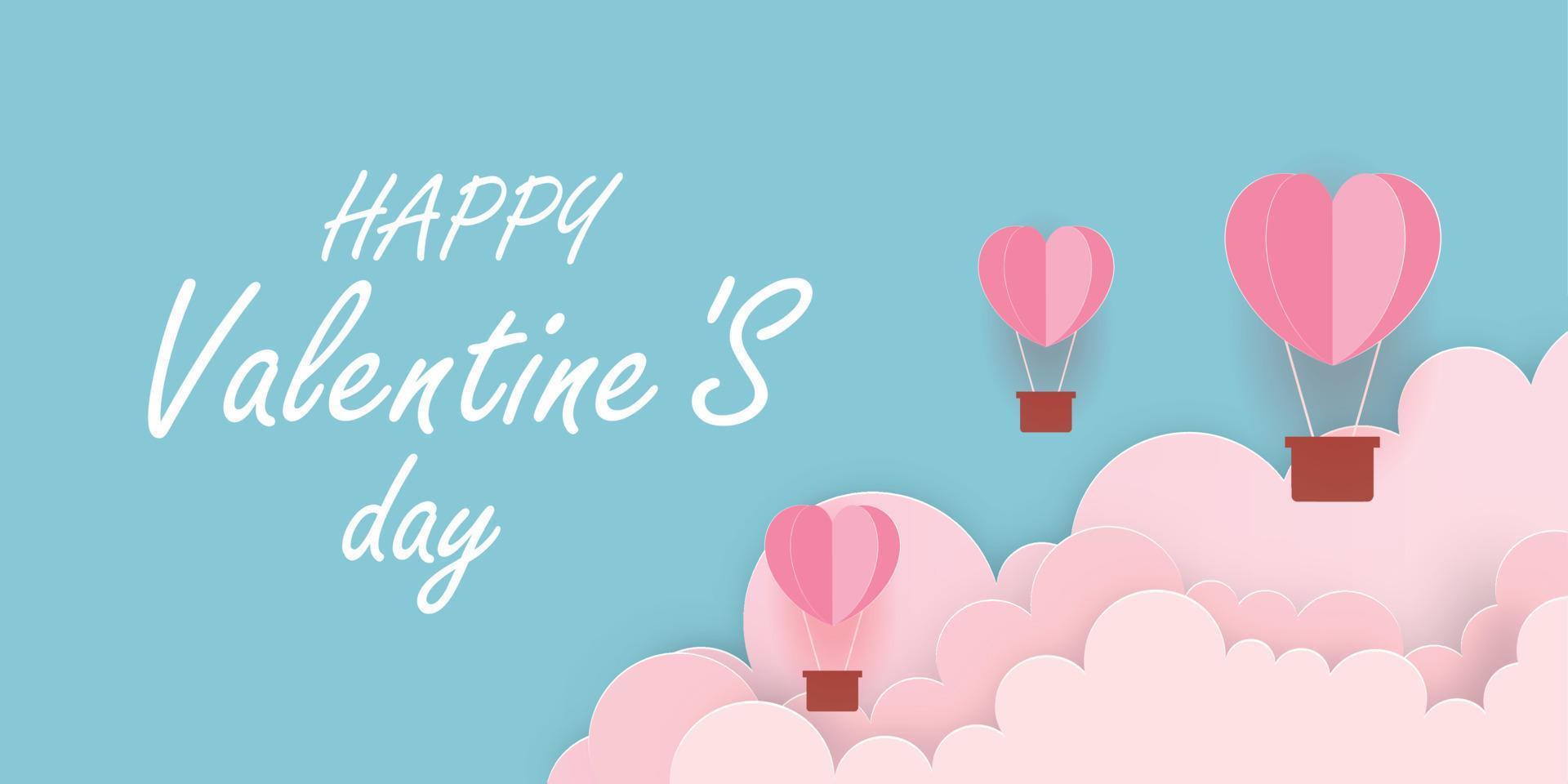 illustration of love and valentine day with heart baloon,floating in cloud Paper cut style. Vector