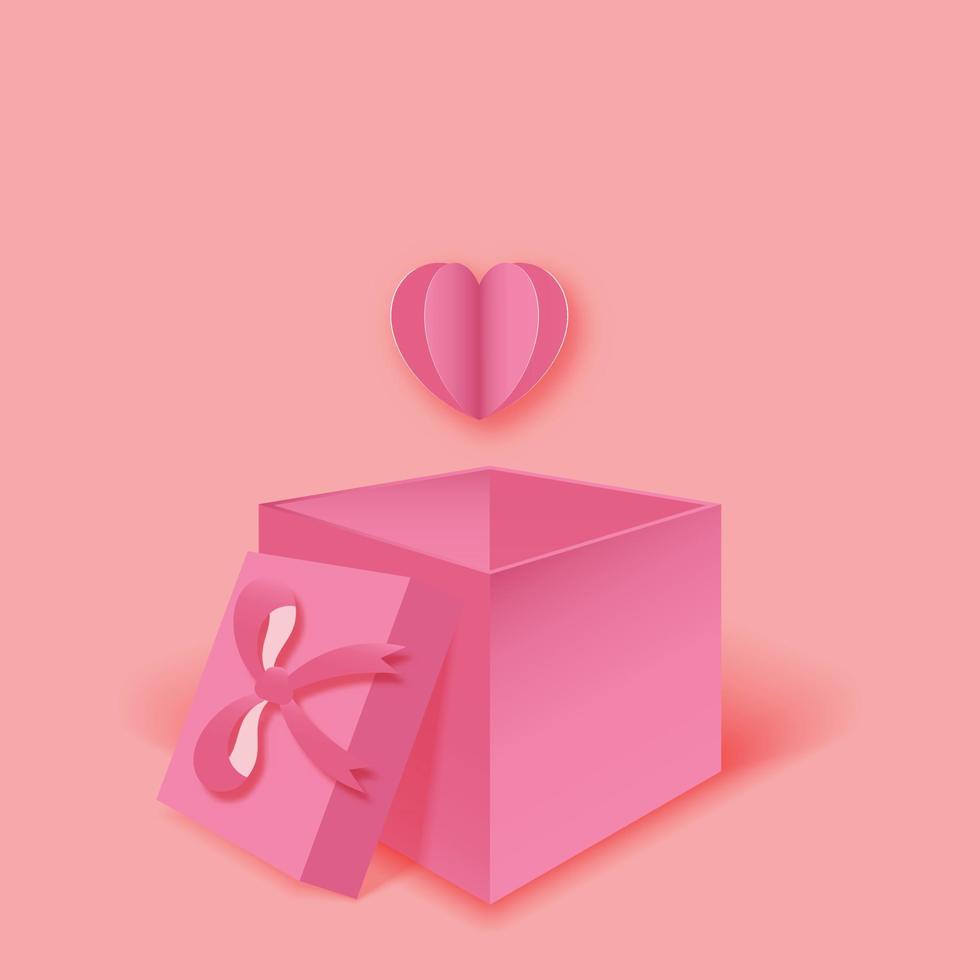 San Valentín con corazón de caja de regalo volando sobre fondo rosa. para el día de san valentín, diseño de tarjetas de felicitación vector