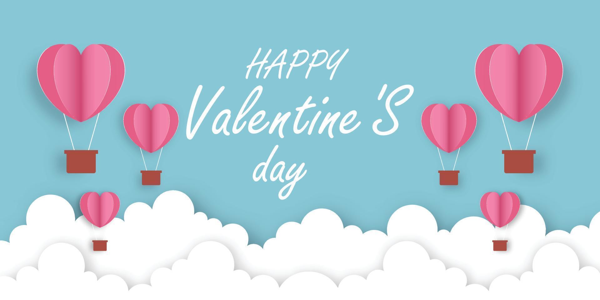 ilustración del amor y el día de san valentín con globo de corazón, flotando en estilo de corte de papel en la nube. vector