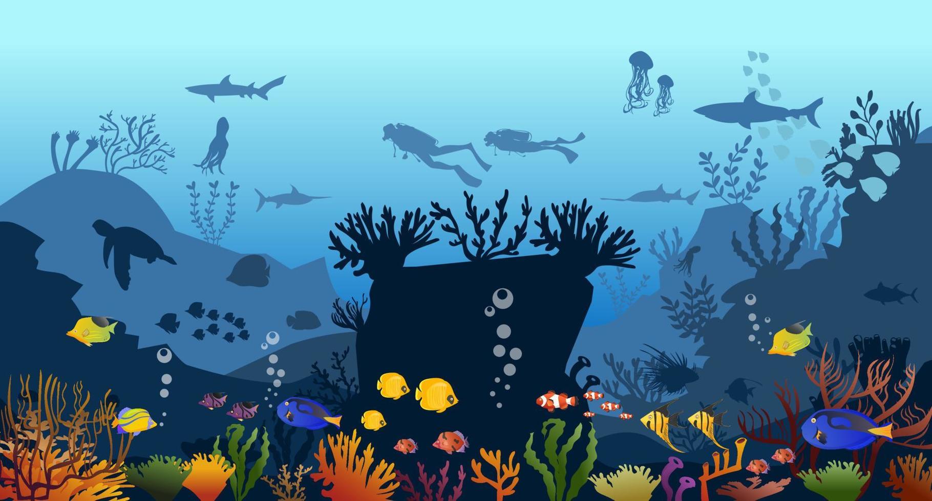 coral reef with fish underwater on a blue sea background. Vector ocean panoramic illustration.