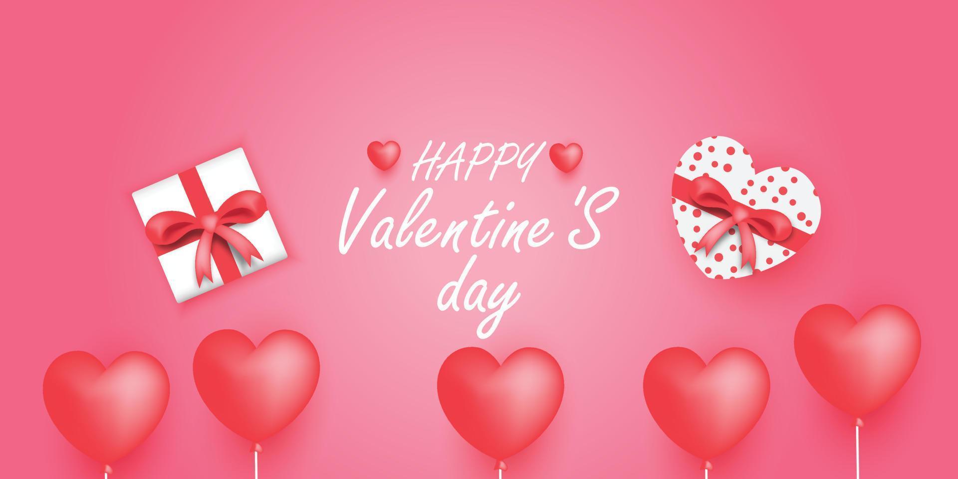 valentines day background with gift box decorated with pink ribbons  red heart  balloon. design for poster, flyer, greeting card. vector