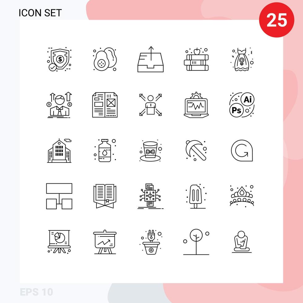 User Interface Pack of 25 Basic Lines of robe clothes mailbox apple education Editable Vector Design Elements