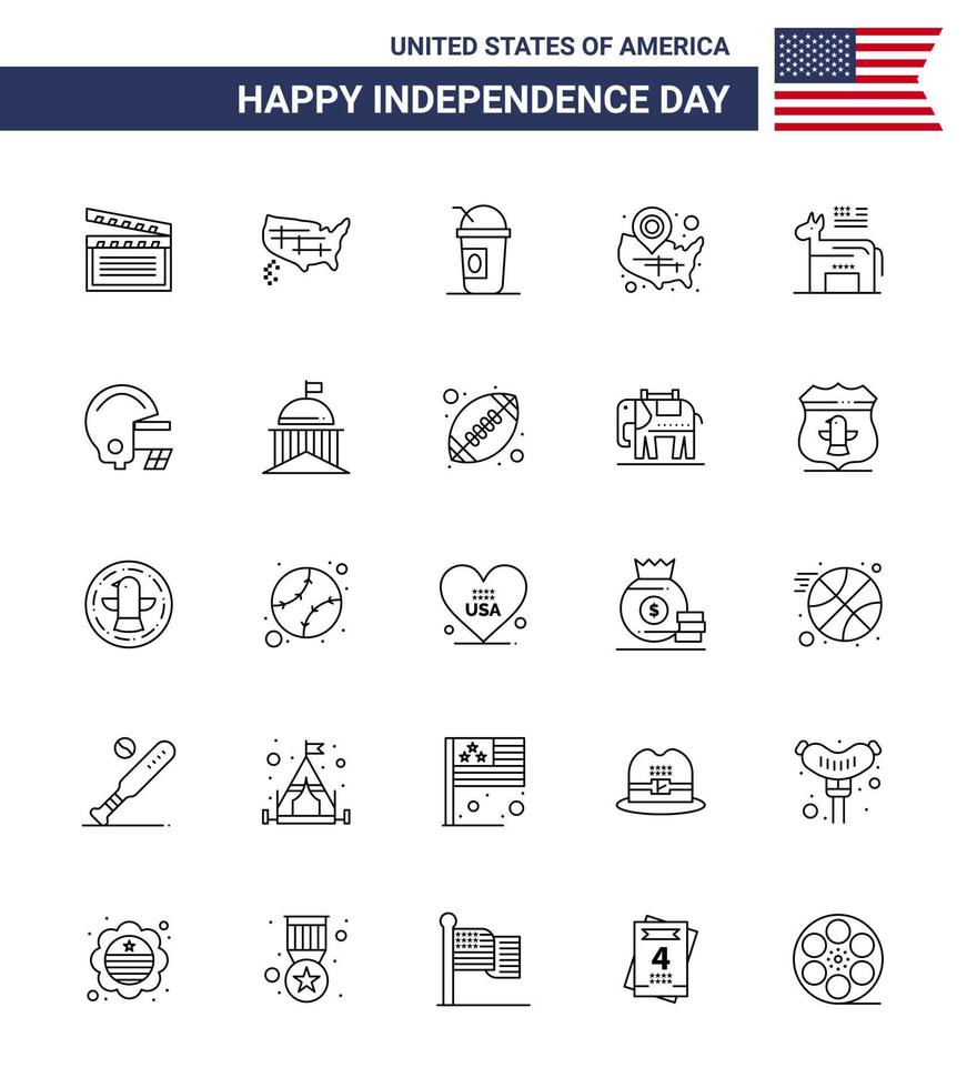 Pack of 25 creative USA Independence Day related Lines of donkey wisconsin america usa map Editable USA Day Vector Design Elements