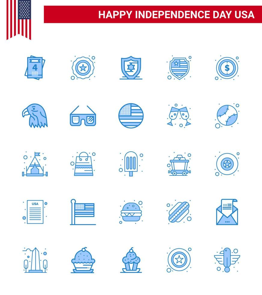 conjunto de 25 iconos del día de estados unidos símbolos americanos signos del día de la independencia para gafas de sol escudo de águila signo de pájaro elementos de diseño vectorial editables del día de estados unidos vector