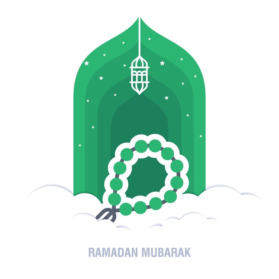 Ramadan Kareem islamic design crescent moon and mosque dome silhouette with arabic pattern and calligraphy vector